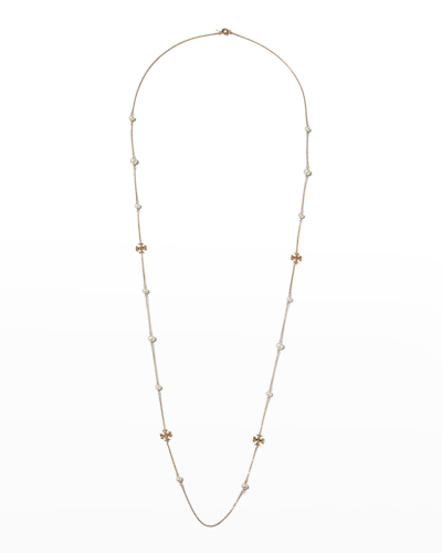 Shop Tory Burch Kira Pearl Delicate Long Necklace In Tory Gold Pearl