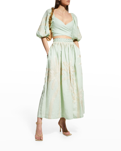 Shop Emporio Sirenuse Thaia Palm-embroidered Puff-sleeve Crop Wrap Top In Biscay Green