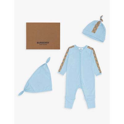 Shop Burberry Blue Claude Logo-tape Stretch-cotton Babygrow, Hat And Bib Set 3-6 Months
