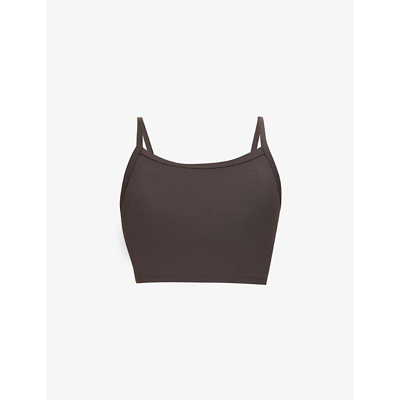 Shop Adanola Y-back Logo-print Stretch-woven Sports Bra In Coffee Bean