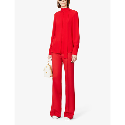 Shop Valentino Pressed-pleat Regular-fit High-rise Wide Wool And Silk-blend Trousers In Rosso
