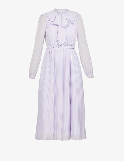 Shop Self-portrait Broderie Collar Chiffon Woven Midi Dress In Lilac