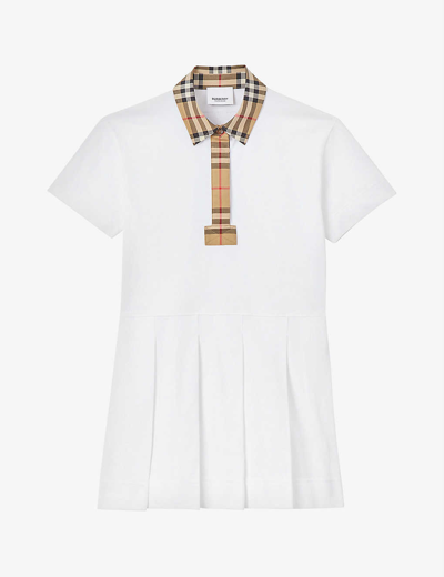 Shop Burberry Sigrid Vintage Check-print Polo Shirt Stretch-cotton Dress 3-14 Years In White