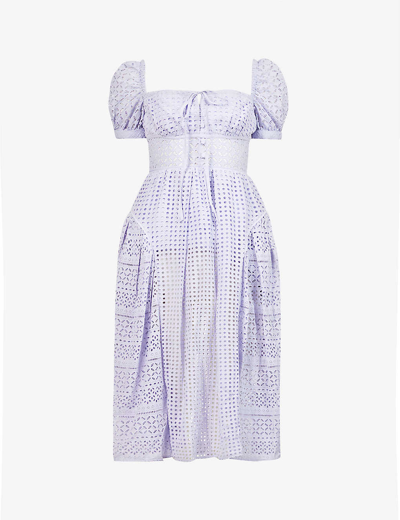 Shop Self-portrait Broderie Anglaise Tiered Cotton Midi Dress In Lilac