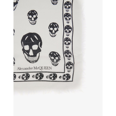 Shop Alexander Mcqueen Classic Skull Raw-fringe Silk Scarf In White Black