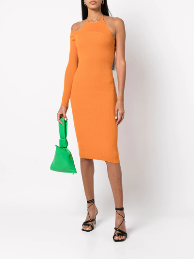 Monse One-sleeve Ribbed Wool-blend Halterneck Midi Dress In Orange