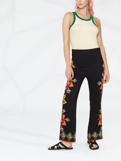 La Doublej Stretch Floral-print Straight Trousers In Schwarz