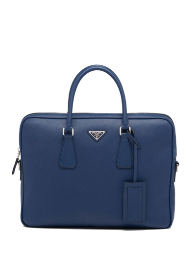 Shop Prada Triangle-logo Saffiano Leather Briefcase In Blue