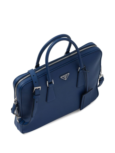 Shop Prada Triangle-logo Saffiano Leather Briefcase In Blue