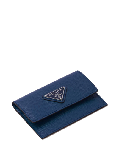 Shop Prada Triangle-logo Saffiano Leather Cardholder In Blue