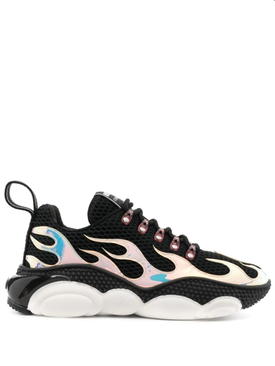 Shop Moschino Flame-effect Lace-up Sneakers In Black