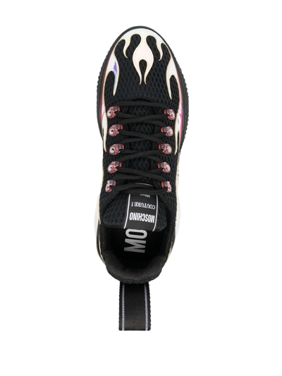 Shop Moschino Flame-effect Lace-up Sneakers In Black