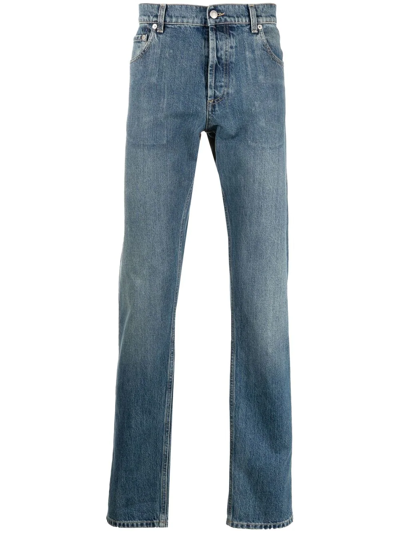 Shop Alexander Mcqueen Logo-embroidered Straight-leg Jeans In Blue