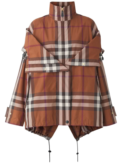 Shop Burberry Checked Hooded Jacket In Brown