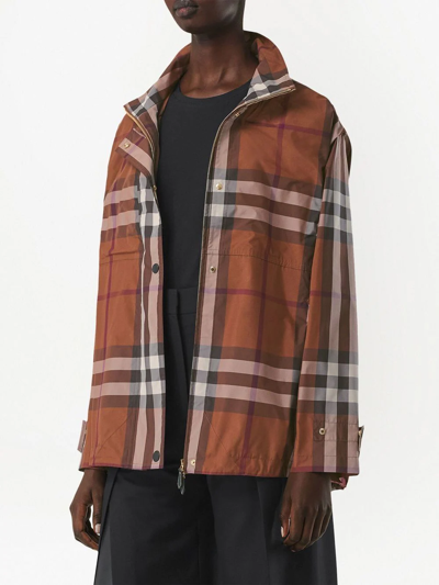 Shop Burberry Checked Hooded Jacket In Brown