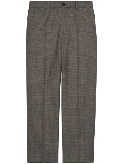Shop Gucci Wool Check Cropped Trousers In Grey