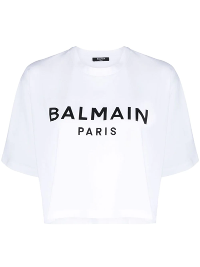 Balmain Logo Cotton Jersey Cropped T-shirt In White Black
