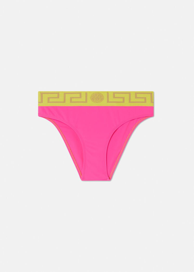 Shop Versace Greca Border Bikini Briefs In Fuchsia+yellow