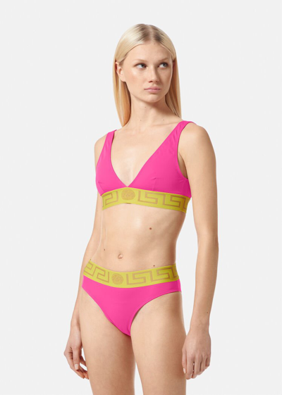 Shop Versace Greca Border Bikini Briefs In Fuchsia+yellow