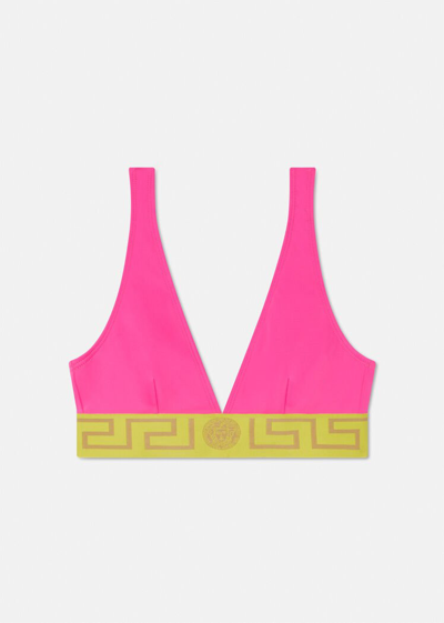 Shop Versace Greca Border Bikini Top In Fuchsia+yellow