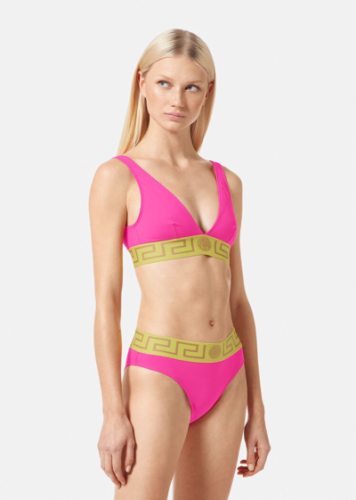 Shop Versace Greca Border Bikini Top In Fuchsia+yellow