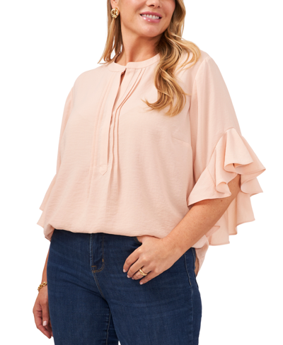 Shop Vince Camuto Plus Size Ruffle Sleeve Henley Blouse In Cozy Peach