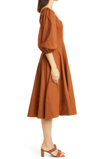 Shop Staud Swells Stretch Cotton Fit & Flare Midi Dress In Tan