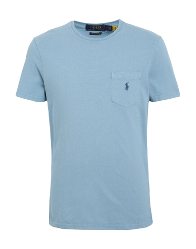 Shop Polo Ralph Lauren Custom Slim Cotton-linen Pocket T-shirt Man T-shirt Pastel Blue Size L Cotton, Lin