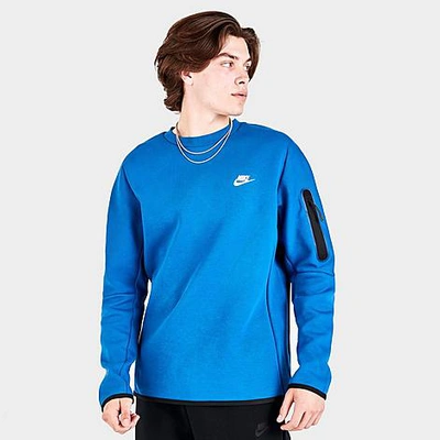 Shop Nike Men's Sportswear Tech Fleece Crewneck Sweatshirt In Dark Marina Blue/light Bone