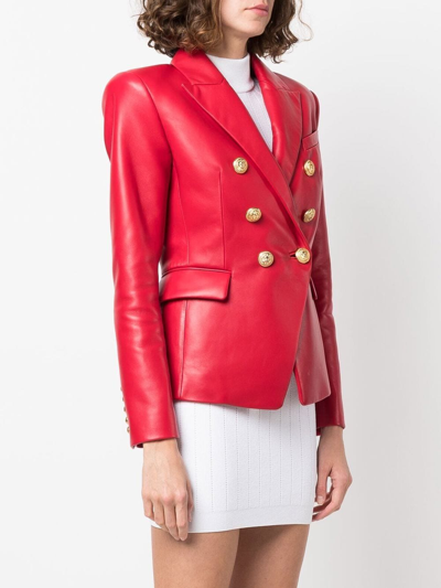 Shop Balmain Double-breasted Leather Blazer Jacket In Red