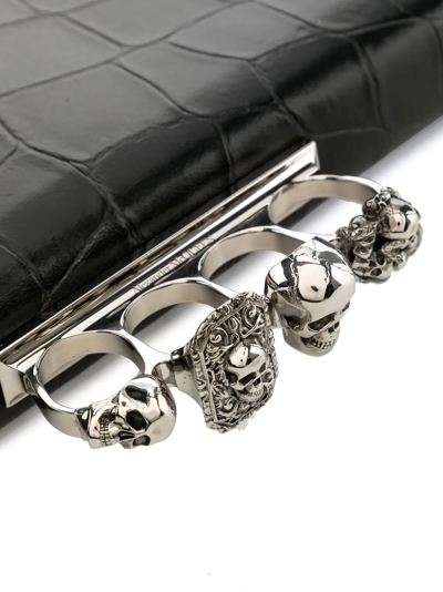 Shop Alexander Mcqueen Crocodile-effect Skull-ring Clutch In Black