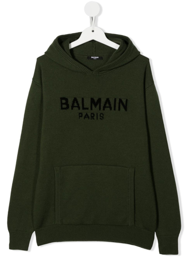 Shop Balmain Teen Logo Knitted Hoodie In Green