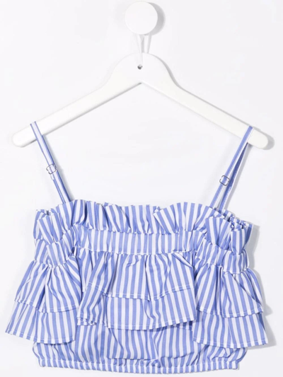 Shop Msgm Kids Crop Top In White And Light Blue Striped Cotton With Ruffles In Azzurro