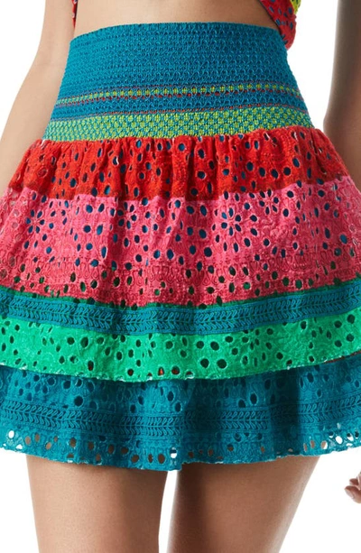 Shop Alice And Olivia Bethie Tiered Cotton Eyelet Miniskirt In Cabo Stripe/ Multi