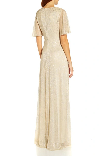 Shop Adrianna Papell Metallic Mesh Drape A-line Gown In Alabaster