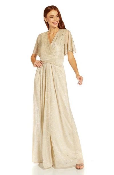 Shop Adrianna Papell Metallic Mesh Drape A-line Gown In Alabaster