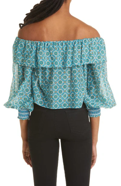Shop Alice And Olivia Alta Ruffle Off The Shoulder Cotton & Silk Blouse In Washed Geo