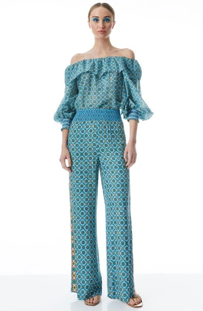 Shop Alice And Olivia Alta Ruffle Off The Shoulder Cotton & Silk Blouse In Washed Geo
