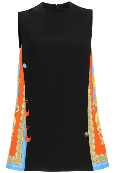 Shop Versace Barocco Goddess Silk Panelled Mini Dress In Black