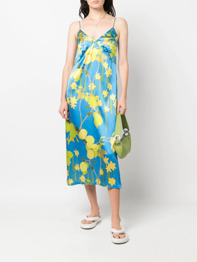 Shop Bernadette Lemon-motif Slip Dress In Blue