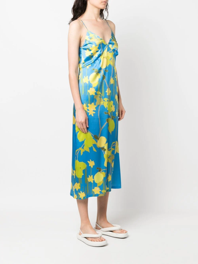 Shop Bernadette Lemon-motif Slip Dress In Blue