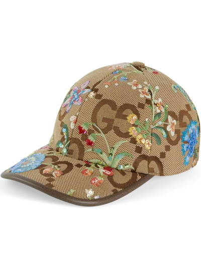 Gucci Jumbo Gg Floral-embroidered Cap In Neutrals | ModeSens