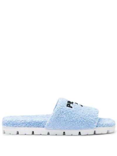 Shop Prada Logo-embroidered Terry-cloth Slides In Blue