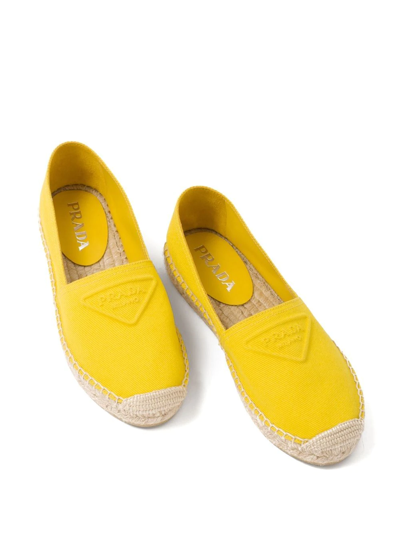 Shop Prada Embossed-logo Cotton Espadrilles In Yellow
