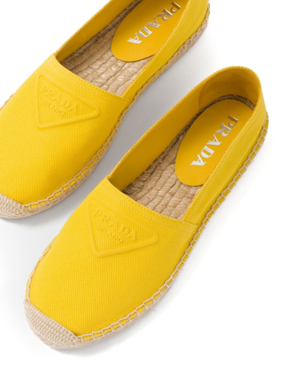 Shop Prada Embossed-logo Cotton Espadrilles In Yellow