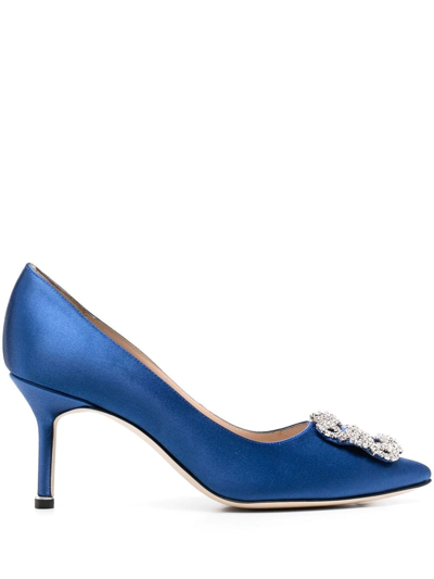 Manolo Blahnik Hangisi 90 Satin Pumps With Fmc Crystal Buckle In Blue