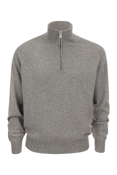 Shop Brunello Cucinelli Cashmere Turtleneck Sweater With Zip In Grey Melange