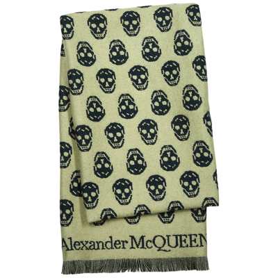 Shop Alexander Mcqueen Blue Skull-intarsia Wool Scarf In Khaki