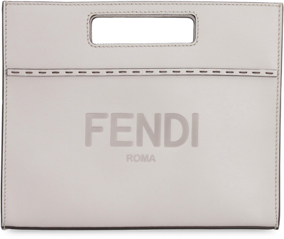 Shop Fendi Logo Debossed Mini Shopper Bag In Beige