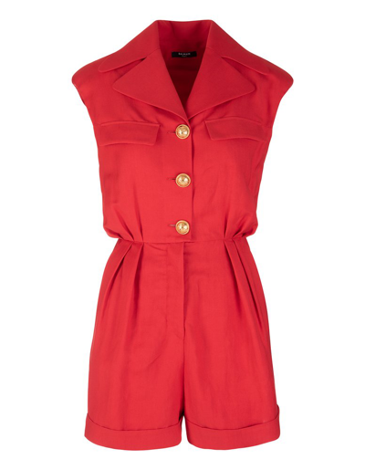 Shop Balmain Buttoned Sleeveless Playsuit In Red